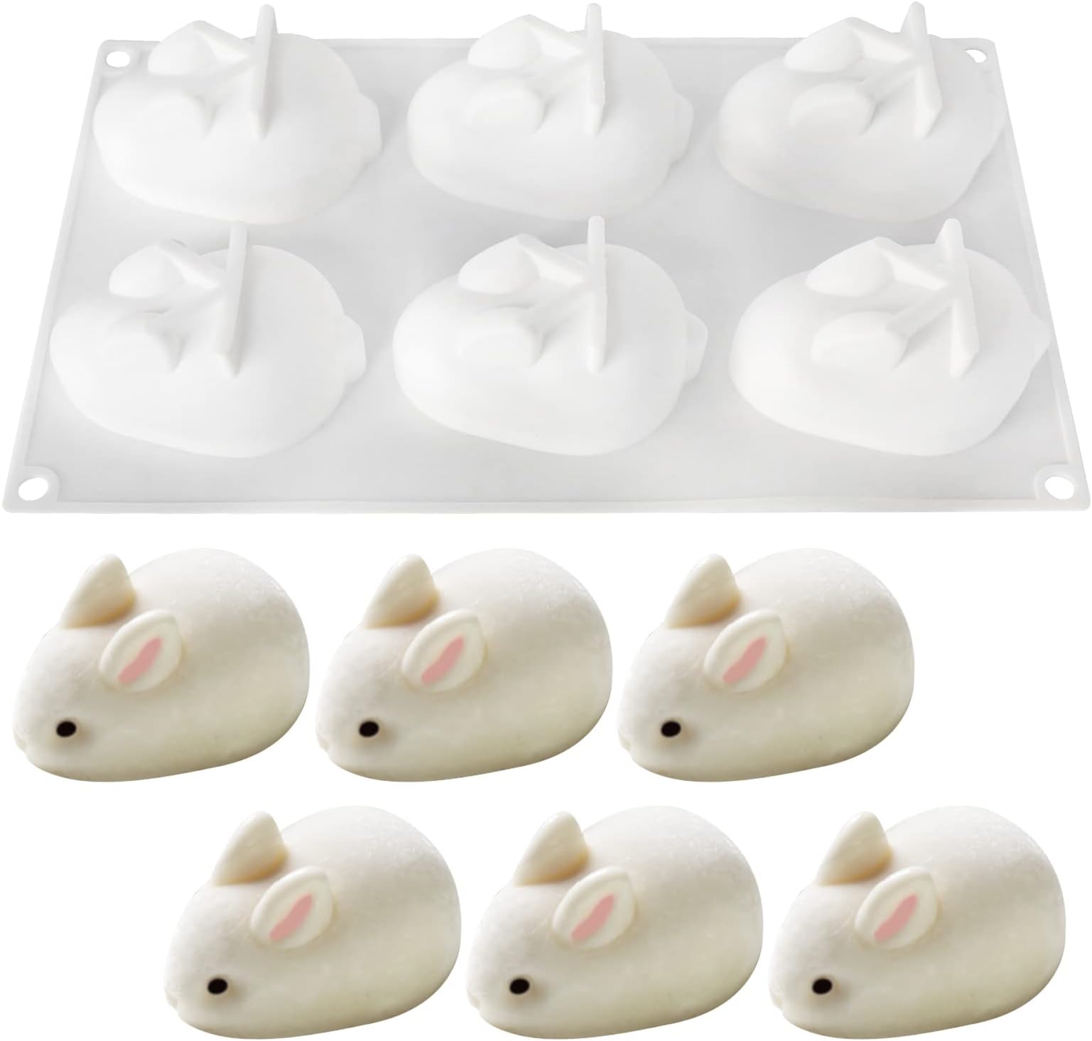 3D Easter Rabbit Bunny Silicone Mold DIY Baking Moulds Bakeware Trays Tool Cake Topper Decorative Cooking Supplies for Chocolate Fondant Candy Candies Ice, White (6 Cavity)