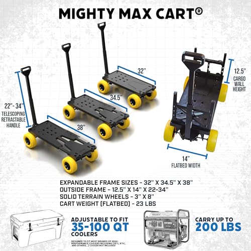 Mighty Max Cart Ice Chest Dolly All-Terrain Cooler Wheels - Outdoor Fishing Cart/Pier Wagon Expandable Flatbed - 250 lb Capacity with Rod Holders, Yellow Wheels Black Frame - USA Made