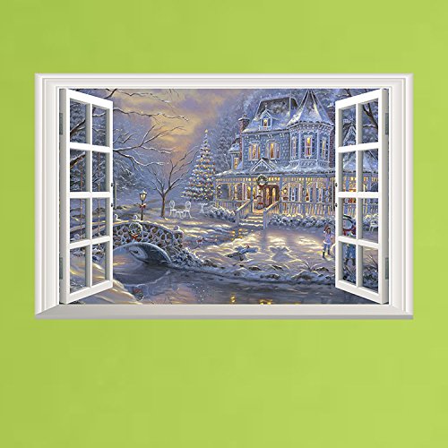 Dnven Merry Christmas Wall Decals 3D Christmas Winter Castle Snowing False Faux Window Mural High Definition Vinyl Bedroom Living Room Playroom Stickers 23 Inches X 15 Inches #TOP4