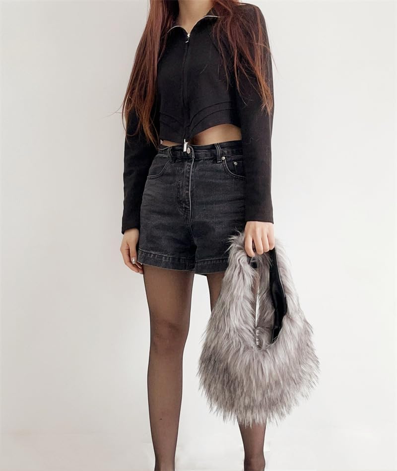 Image of Faux Fur Hobo Shoulder Bag for Women - Large Cute Fluffy Tote Plush Handbag Y2K Furry Purse