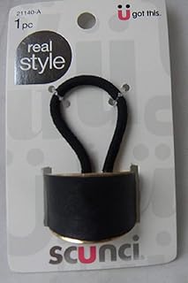 Scunci Real Style U Got This Barrette Ponytailers Saddle Look Metal Gold and Black leather, 1 Count