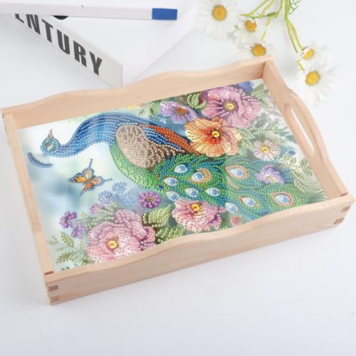 Image of DIY Diamond Art Tray with Handle Diamond Art Painting Plate Creative Design Handmade Wooden Tray Mosaic Making Kits by Number Kits Diamond Art for Coffee Living Room Home Organizer (Peacock)