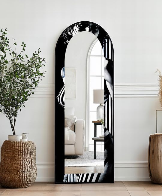 Muse monocromatica da 63,5 x 160 cm (larghezza x altezza), specchio da pavimento nero e bianco ad arco a tutta lunghezza - Specchio da pavimento colorato con cornice nera con