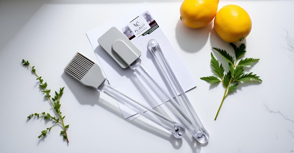 Pegasus Supply Co Heat Resistant Kitchen Tongs, BPA-Free Silicone Basting Brush Set, Gray, Clear Handle, Professional Grade Cooking Utensils