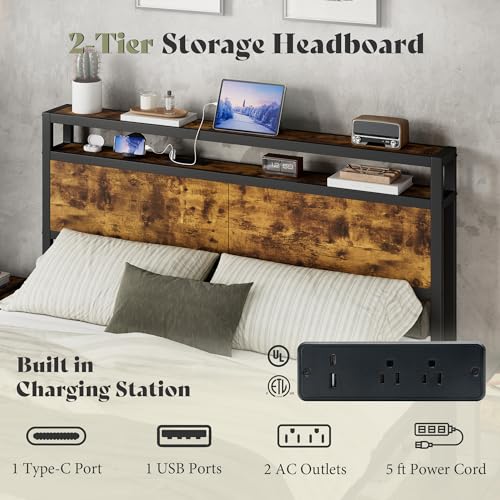 Image of AMERLIFE Queen Size Bed Frame with Storage Headboard & Charging Station, Industrial Metal Platform Bed with Large Under-Bed Storage, Heavy Duty Slats, No Box Spring Needed, Dark Brown