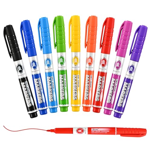 SUIN 9 Colour Low-Odour Whiteboard Markers - Slimline Medium Fine Tip Whiteboard Pens for Home Work School (Pack of 9)