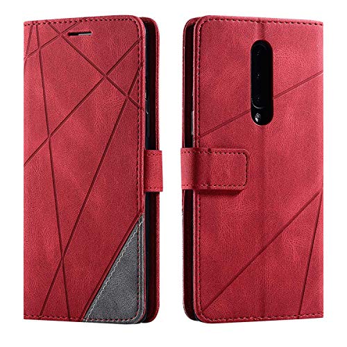 SONWO Hülle für OnePlus 8, Premium Leder PU Handyhülle Flip Hülle Wallet Silikon Bumper Schutzhülle Klapphülle für OnePlus 8, Rot