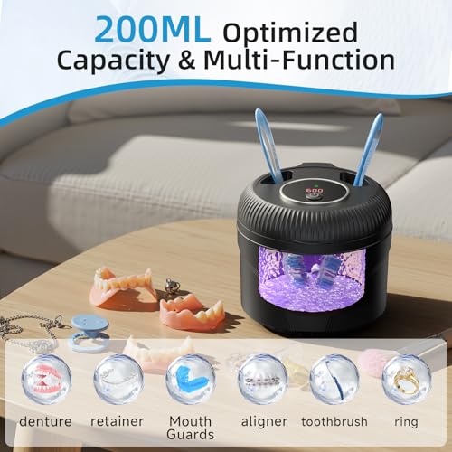 Image of Ultrasonic Retainer Cleaner Machine, 45kHz Dental Cleaning Pod for Dentures, Jewelry, Toothbrush Heads, Mouth Guards, Aligners, Braces, 200ML Denture Cleaner 4 Modes & Digital Timer, Black