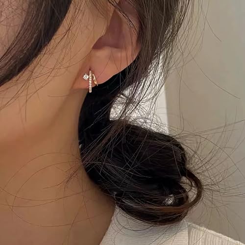 Gold Huggie Split Double Hoop Earrings for Women 14k Plated Gold 925 Sterling Silver Dainty White CZ Huggie Illusion Stud Earrings Oval Cuff Earrings to Daughter Birthday Christmas Wedding Gifts3