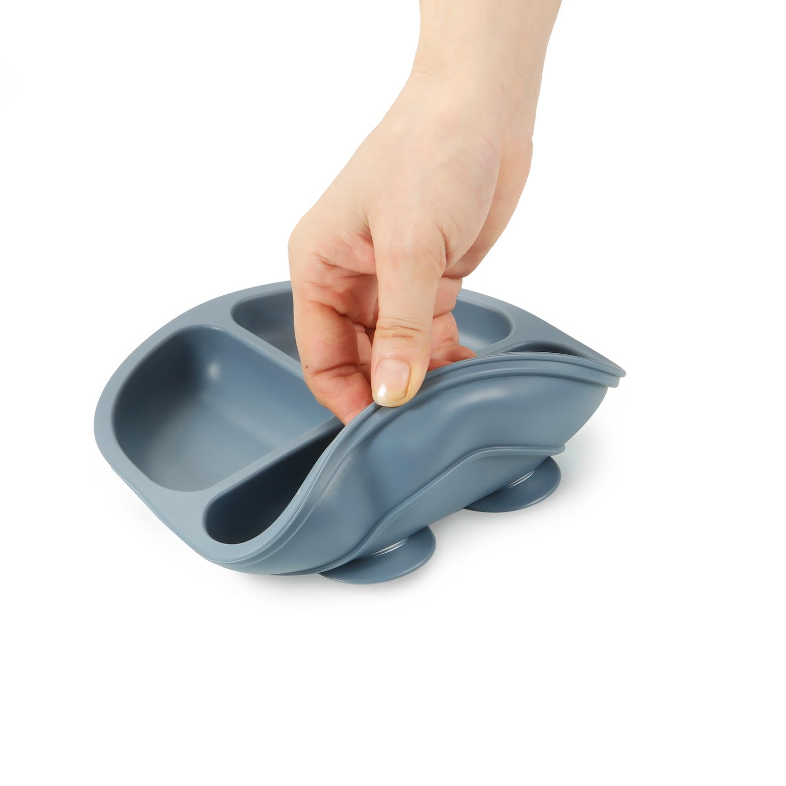 PandaEar Set de Alimentación para Bebés, 3 Platos para Niños con 3 Cucharas, Plato Dividido con Succión de Silicona 100%, Sin BPA, Apto para Lavavajillas y Microondas - Azul/Rojo/Marrón