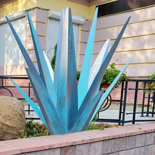Image of TOMBABY Enlarge Metal Plants Tequila Rustic Sculpture, Outdoor Patio Yard, Home Decor Hand Painted Agave Garden Statue, Outdoor Lawn Ornaments Yard Stakes for Mom Gift (1 Big&Large Blue)