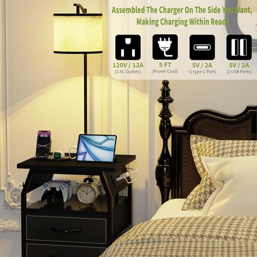 Image of runjuly Floor Lamp with Table Set 2, End Table with Light & Charging, Black