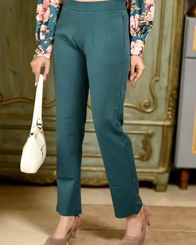 Image of Mlada Straight Fit Cigarette Pencil Pants Elastic Waist Band Mid High Waist Formal Office Trousers for Women, Pockets for Travel Stretch Cotton Knit Full Length Regular /Plus Size