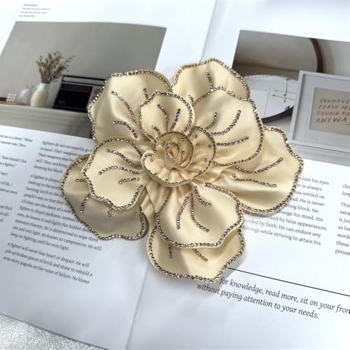 Image of Fabric Rhinestone Flower Big Brooch Lapel Pins for Women Elegant Crystal Floral Brooches Pin for Dresses Suit Accessories Jewelry Boutonniere Corsage Wedding Party 5.5in