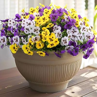 Rowfad 18 Bundles Artificial Fake Pansy Flowers for Outdoor, Faux UV Resistant Silk Pansies Flowers for Outside Planter Front Door Porch Yard Patio Window Box Home Decor (18, Purple, Yellow, White)