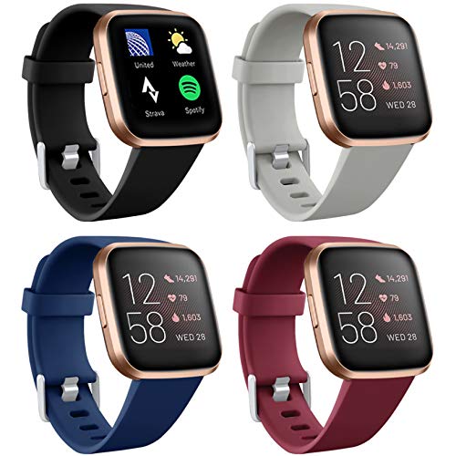 Maledan Bands Compatible with Fitbit Versa 2/Versa Lite SE/Versa Smart Watch, 4 Packs Soft Silicone Sport Strap Replacement Band for Women Men, Black/Blue/Gray/Wine Red Small