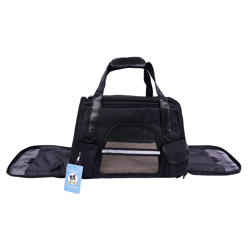 Trasportino per cani e gatti, borsa per trasportatore da viaggio, traspirante, con tasche laterali a due porte, con tracolla per auto, colore: nero, 24 x 28 x 43 cm