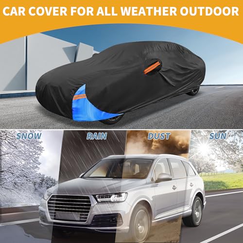 Image of Waterproof All-Weather Universal Car Cover with Right Side Zipper, 190T Polyeste Black Blue Fits for Sedan 190 inch to 198 inch Length