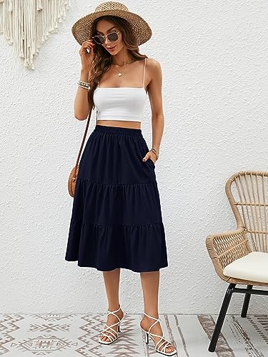 Lyrur Summer Skirts Women'S High Elastic Waist Ruffle Tiered Casual Summer Solid Midi Skirts With Pockets thumb #5