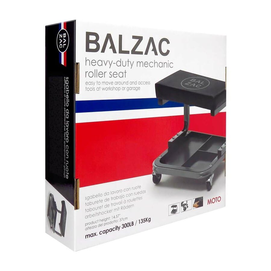 BALZAC Sgabello per Officina Seduta da Meccanico | Vassoio Portautensili Integrato | Sgabello da Officina con Ruote | Altezza Regolabile | Carico 135kg