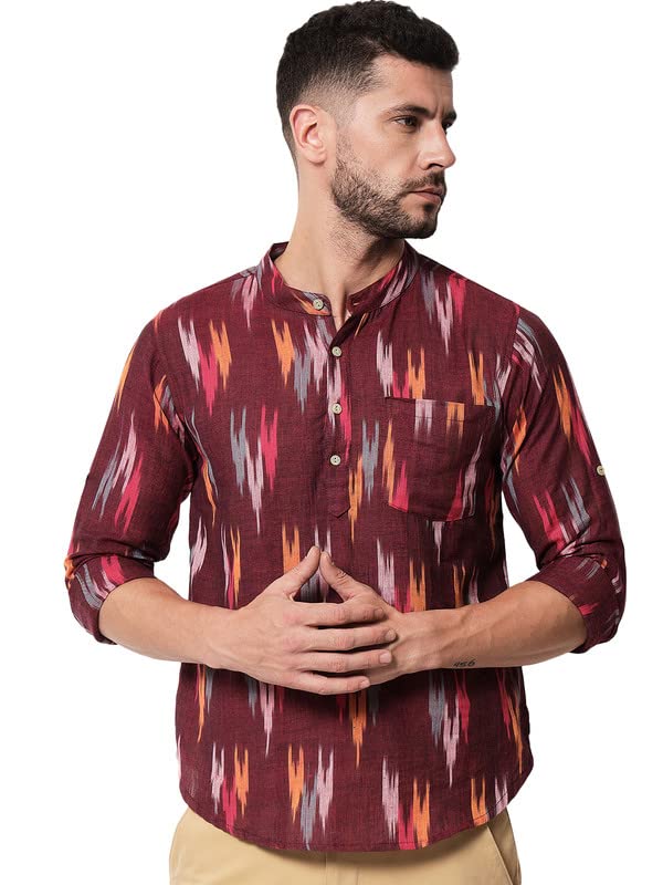 Image of Vastraa Fusion Men's Handloom Weaving Pure Cotton Short Kurta, Round Collar, Full Sleeves,Button Kurta, Ethnic Wear