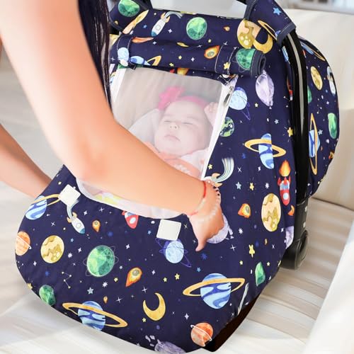Image of Baby Carseat Cover Winter, Pea Pod Infant Car Seat Covers Canopy for Newborn with 2 Layers Windows of Breathable Mesh /Fabric, Lightweight Polyester /Minky Dot Backing, Snug Fit Most Baby Car Seat