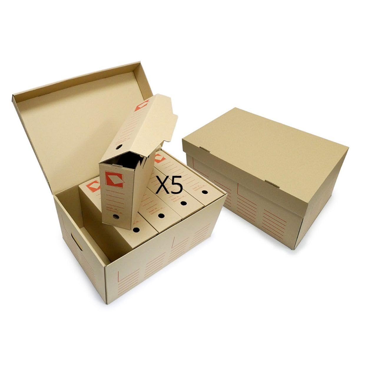 Generico Set 5 Scatole Archivio in Cartone Riciclato + 1 Scatola Grande 52x35x25 cm | Dorso 10 cm | Con Maniglie e Coperchio | Resistenti Impilabili Ecologiche | Ideali per Ufficio e Casa