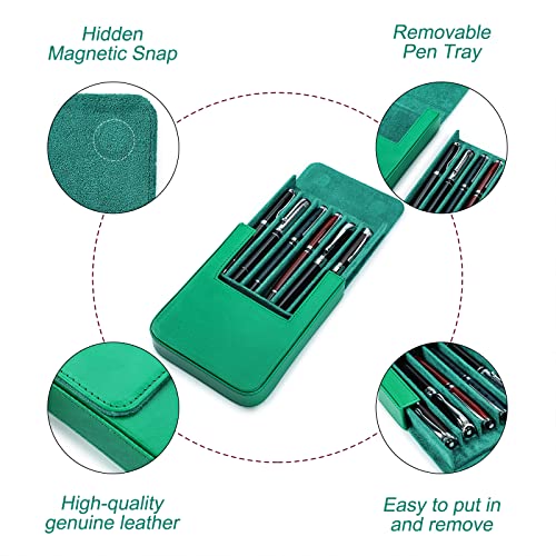 Hiram Leather Pen Case for 6 Pens Portable Vegetable Tanned Leather Made Pen Storage Box with Hidden Magnetic Snap Closure and Pen Tray Drawer Holder Design (Green) - Image 3