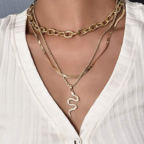 Chargances Snake Pendant Necklace for Women and Girls Gold Multi Layer Jewelry Snake Bone Chain Chunky Chain Choker