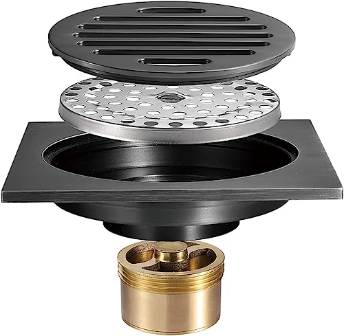 Siphon de sol de douche carré de 10,2 cm – Laiton – Grand débit – Couvercle amovible – Gris pistolet – Désodorisant – Drain de bonde de douche de qualité supérieure