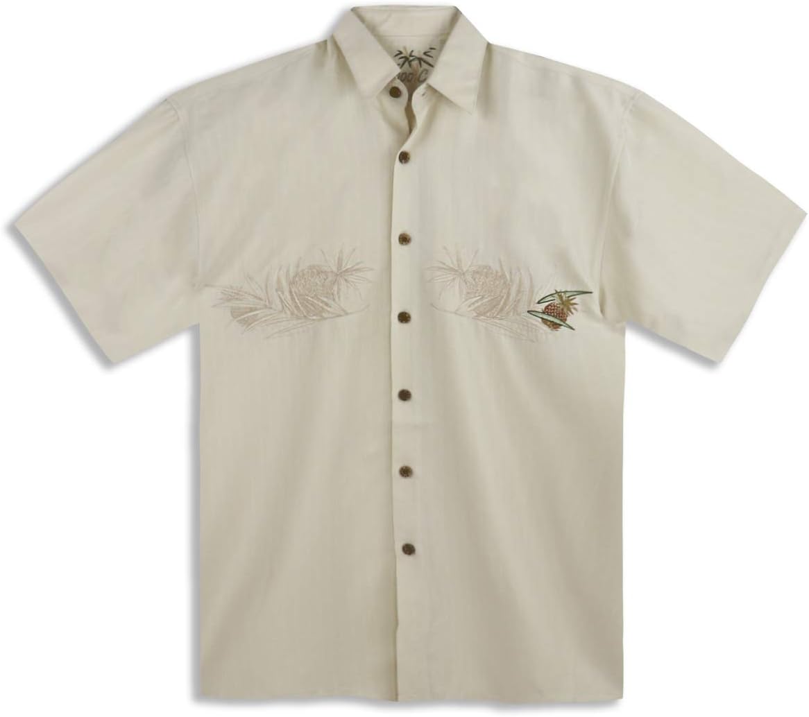 Bamboo Cay Mens Short Sleeve Lovely Pineapple Casual Embroidered Woven Shirt (Large, Cream)