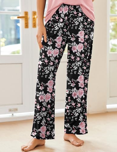 Image of Ekouaer Pajama Sets for Women Short Sleeve Pj Set V Neck Sleepwear Chest Pocket with Long Pants Casual Loose Loungewear