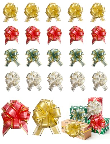 20 Pieces 6 Inch Pull Bows for Gift Wrapping Ribbon Pull Bows for Christmas Wedding Birthday Valentine Ribbon Bows for Wrapping Boxes or Flower Decorations (Red, Green, Gold, White)