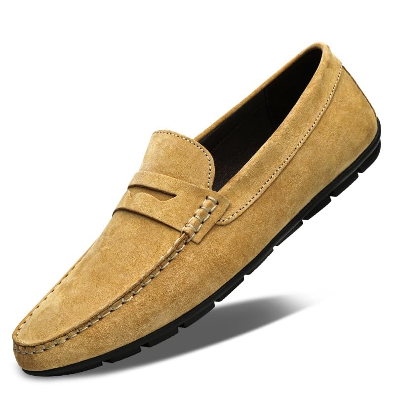 Mens Loafers Shoe Round Toe Solid Color Suede Leather Penny Loafers Anti-Slip Lightweight Flat Heel Wedding Slip-ons