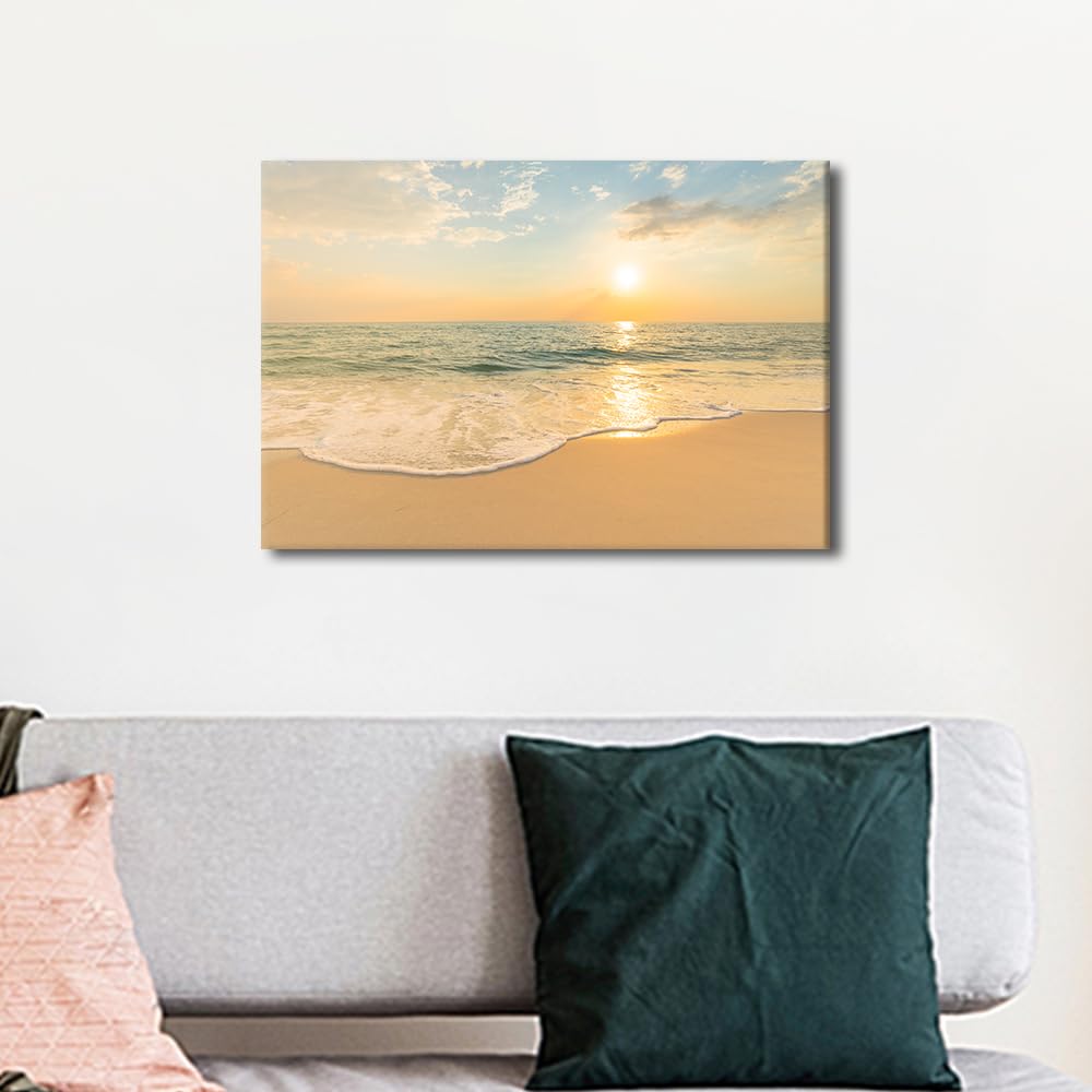 Soft Sea Waves And Bubbles on the Beach With Sunset Sky Background Nature Seascape Picture Artwork Framed Ready to Hang for Home Office Bedroom Living Room Bathroom Kitchen Wall Decor (12"Wx18"H) - Image 2