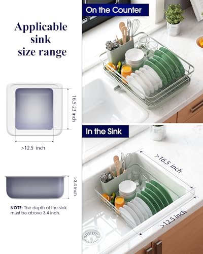 Kitsure Dish Drying Rack for Kitchen Counter, Stainless Steel Sink Organization and Storage Essentials with Cutlery Holder, Home and Appartment Decor, 12''W x 15.5''L, Light Grey