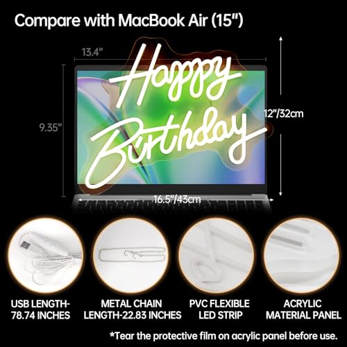 Happy Birthday Neon Sign, Happy Birthday Light Up Sign, Neon Happy Birthday Sign, Happy Birthday Led Sign for Backdrop All Birthday Party Decoration USB Powered Warm White,16.5 x 12 Inches (Plug not provided) by Adnkwolivt - Used condition - Image 3