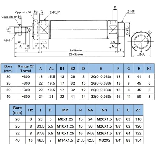 Vérin pneumatique CDM2KB25-100 double effet en acier inoxydable