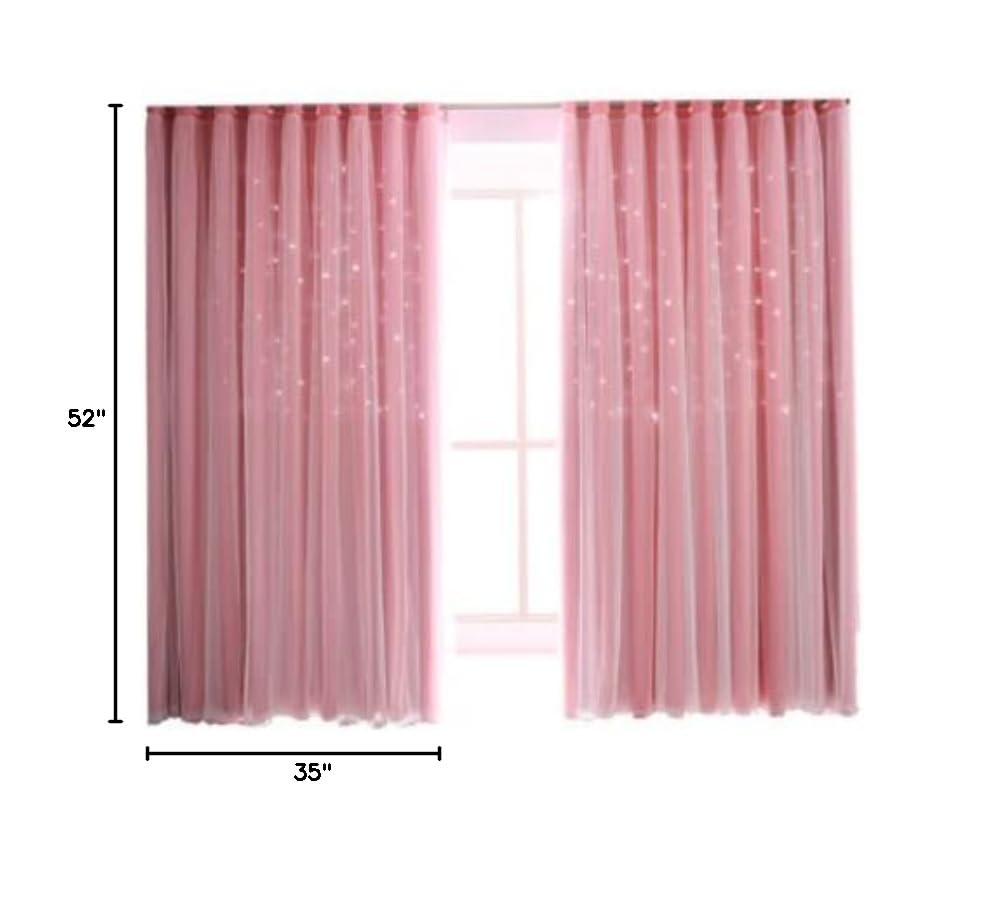 2 Panels Star Pink Blackout Curtains for Kid Girls Bedroom Living Room Decor Darkening Double Layer Star Cut Out Window Curtain (52 inch Width 24 inch Length)