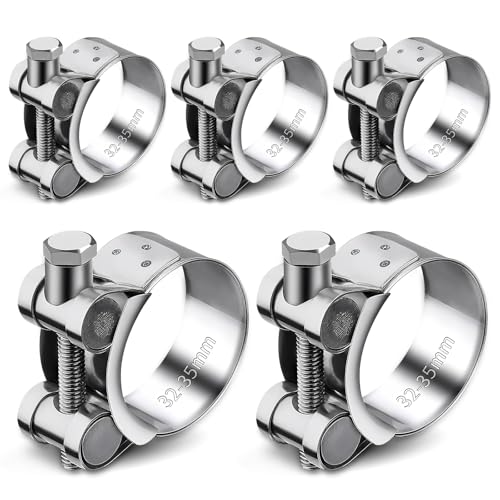 Collier de Serrage Inox,Forreen 5 Pièces Collier Echappement,Collier de Tuyau D'échappement,32-35mm Colliers Durite,Colliers de Serrage à Boulon en T,pour Conduite de Gaz,Tube d'automobiles