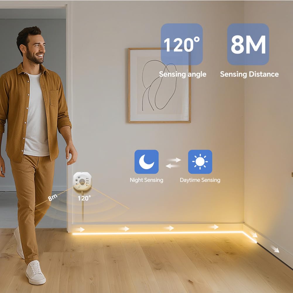 Striscia LED con Sensore di Movimento e Sensore di Luce, Bianco Caldo 3000K Striscia LED Dimmerabile Interruttore e Spina, Modalità Luce Continua Attivata dal Movimento Modalità Notte,10m