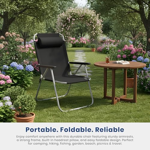 Image of ORILEY Camping Chair with Adjustable Pillow and Arm Rest Portable & Lightweight Foldable Garden Fishing Chairs for Travelling Outdoor Beach Hiking (Large, Black)