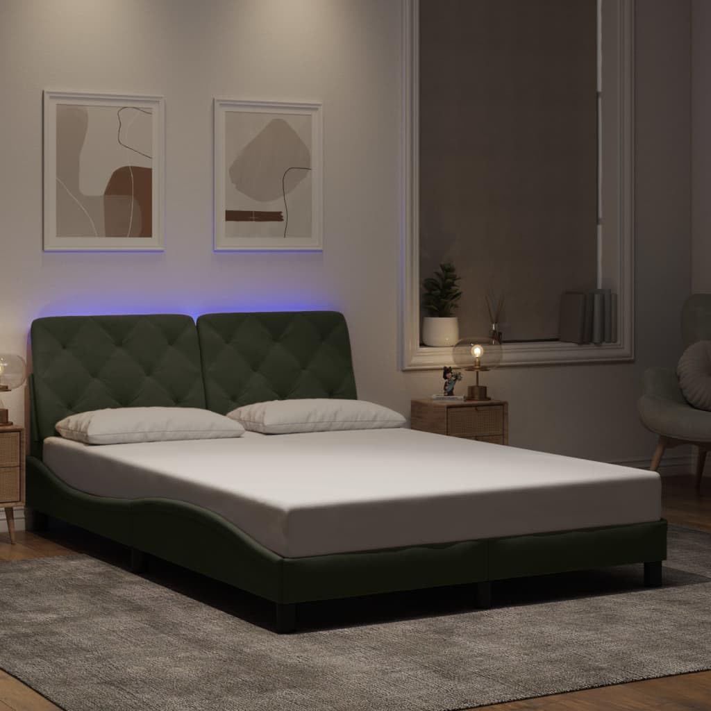 Bed Frame with LED Light Gray Velvet Upholstery 53.9"x74.8" Platform Bed with Sturdy Slatted Foundation and Headboard for Modern Bedroom Furniture