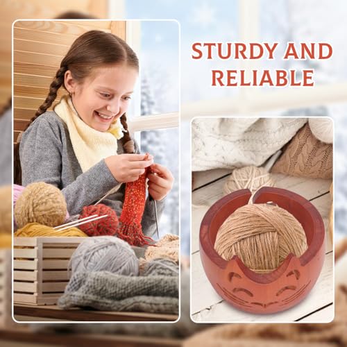 Image of Sunicon Cute Cat Yarn Bowl, New Yarn Bowls Yarn Storage Bowl Creative Wooden Handmade Round Woolen Bowl for DIY Knitting Crocheting Christmas Thanksgiving New Year's Gifts(16 * 16 * 10cm)