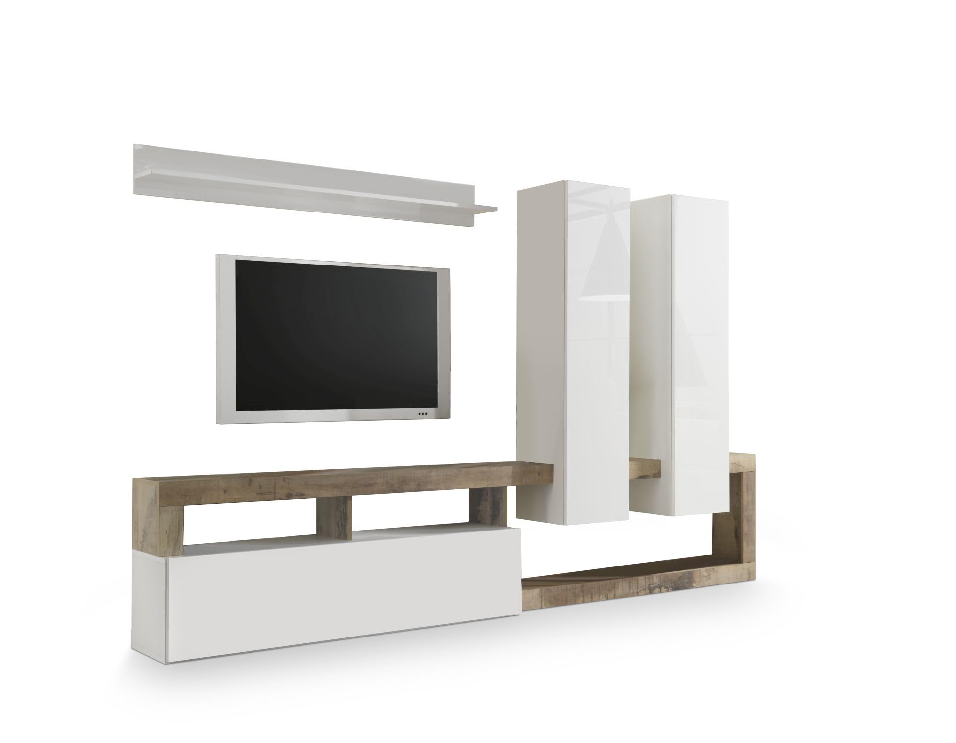 scaffale tv in legno con porte a flip bianche glossy
