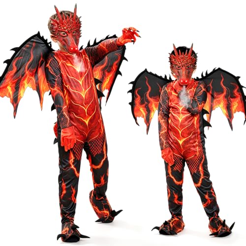 Kids Dragon Costume, Fire Dragon Halloween Costume with Mask, Wings & Tail - image 2