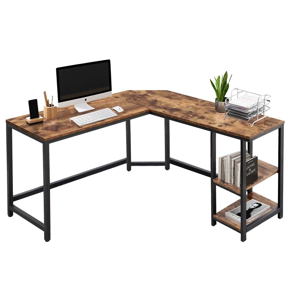 BAKAJI Scrivania Angolare a L, con Libreria 2 Ripiani, Tavolo da Lavoro Porta Pc Computer, Struttura in Metallo Nero e Piano in Legno Effetto Anticato Arredamento Ufficio Design Stile Industriale