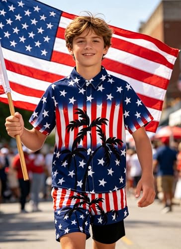 Image of UNICOMIDEA Boys 4th of July Outfits Kids Patriotic Independence Day Tropical Short Sets for 5-12 Years