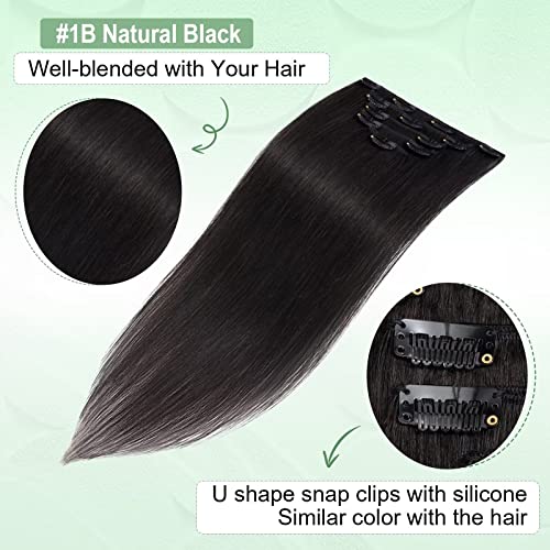 TESS Human Hair Extensions Clip in Real Hair Black Remy 5 Pieces Straight Natural Hairpieces for Women/Girls (#1B Natural Black - Image 3