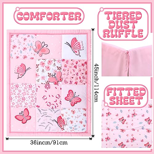 Tudomro 3 Pieces Butterfly Nursery Crib Bedding Set for Girls, Standard Size Bedding Sets with Comforter Fitted Sheet Crib Skirt(Pink) - Image 3